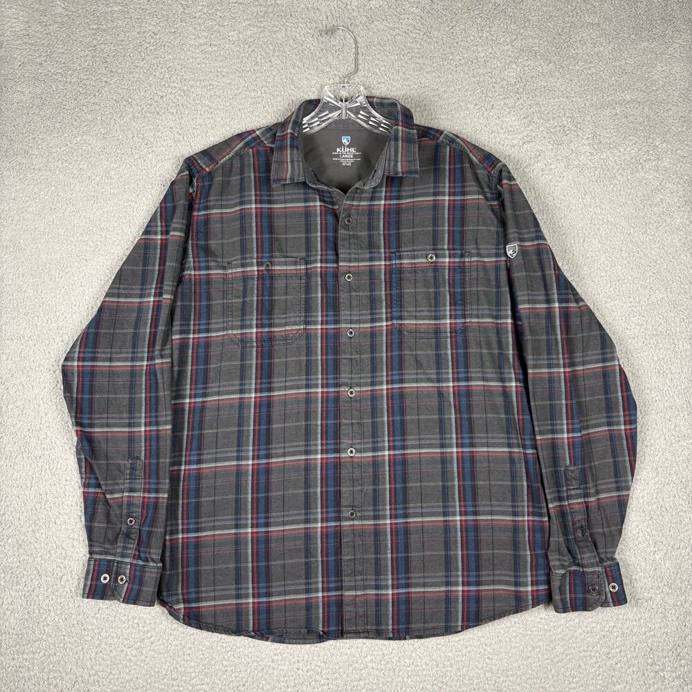 KUHL Fugitive Flannel Shirt Men's Large Gray Plaid Outdoor Hipster Cowboy Gorp